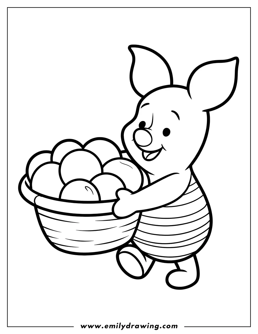Outline of Piglet from Winnie the Pooh carrying a basket full of round objects.