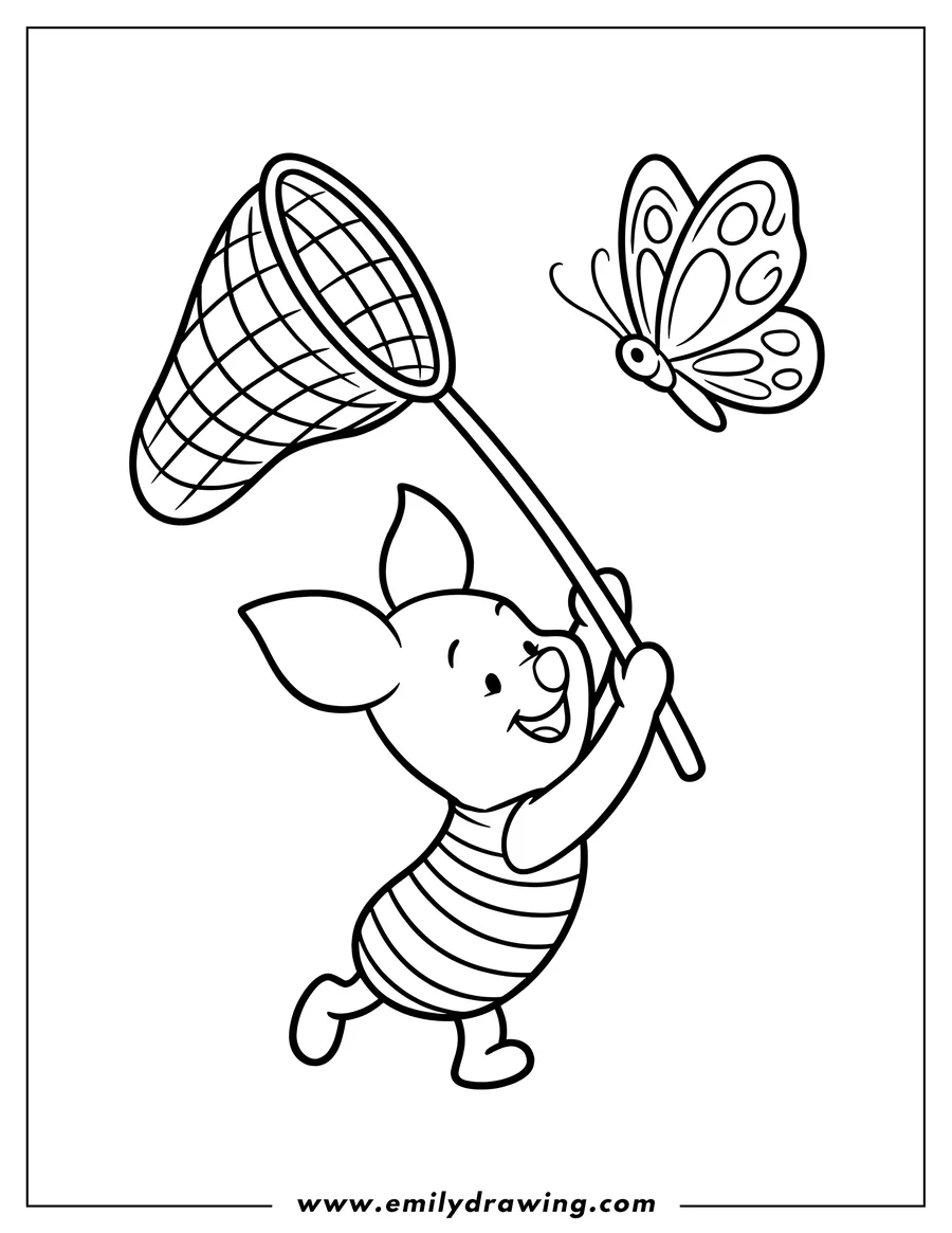 Line art of Piglet from Winnie the Pooh holding a net and trying to catch a butterfly.