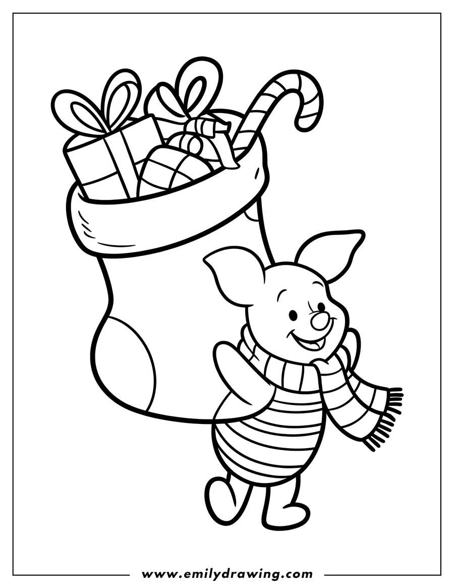 Outline of Piglet carrying a Christmas stocking filled with presents and a candy cane. He's wearing a striped shirt and a scarf.