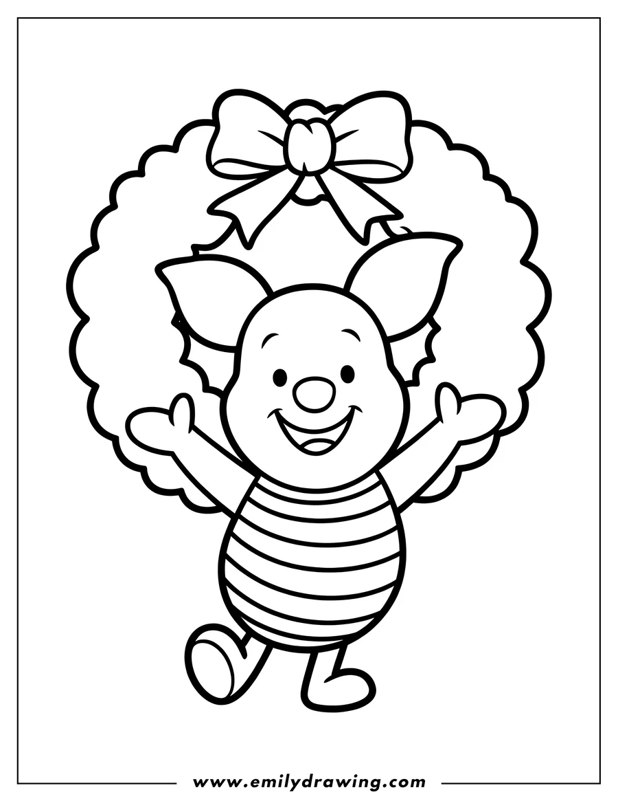 Line art of Piglet from Winnie the Pooh, standing in front of a Christmas wreath with a large bow.