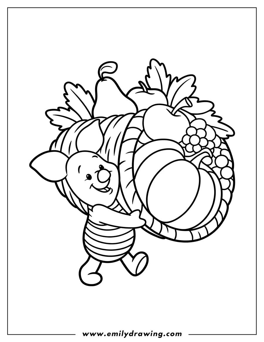 Line art of Piglet from Winnie the Pooh carrying a large basket overflowing with a pumpkin, apples, grapes, and a pear.