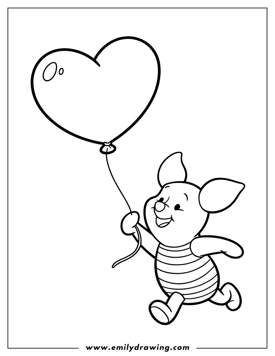Line art of Piglet from Winnie the Pooh holding a heart-shaped balloon and running.
