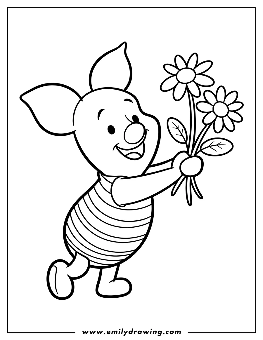 Outline of Piglet holding a bouquet of two simple flowers. He's wearing a striped shirt and smiling.
