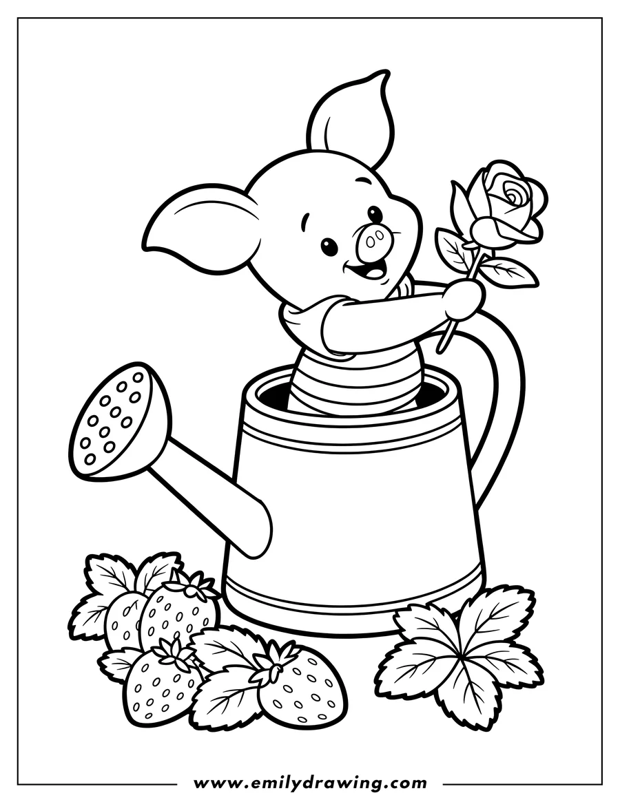 Line art of a piglet sitting in a watering can while holding a rose. Strawberries and strawberry leaves are near the watering can.