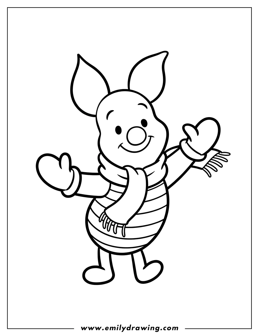 Outline of Piglet wearing mittens and a scarf.
