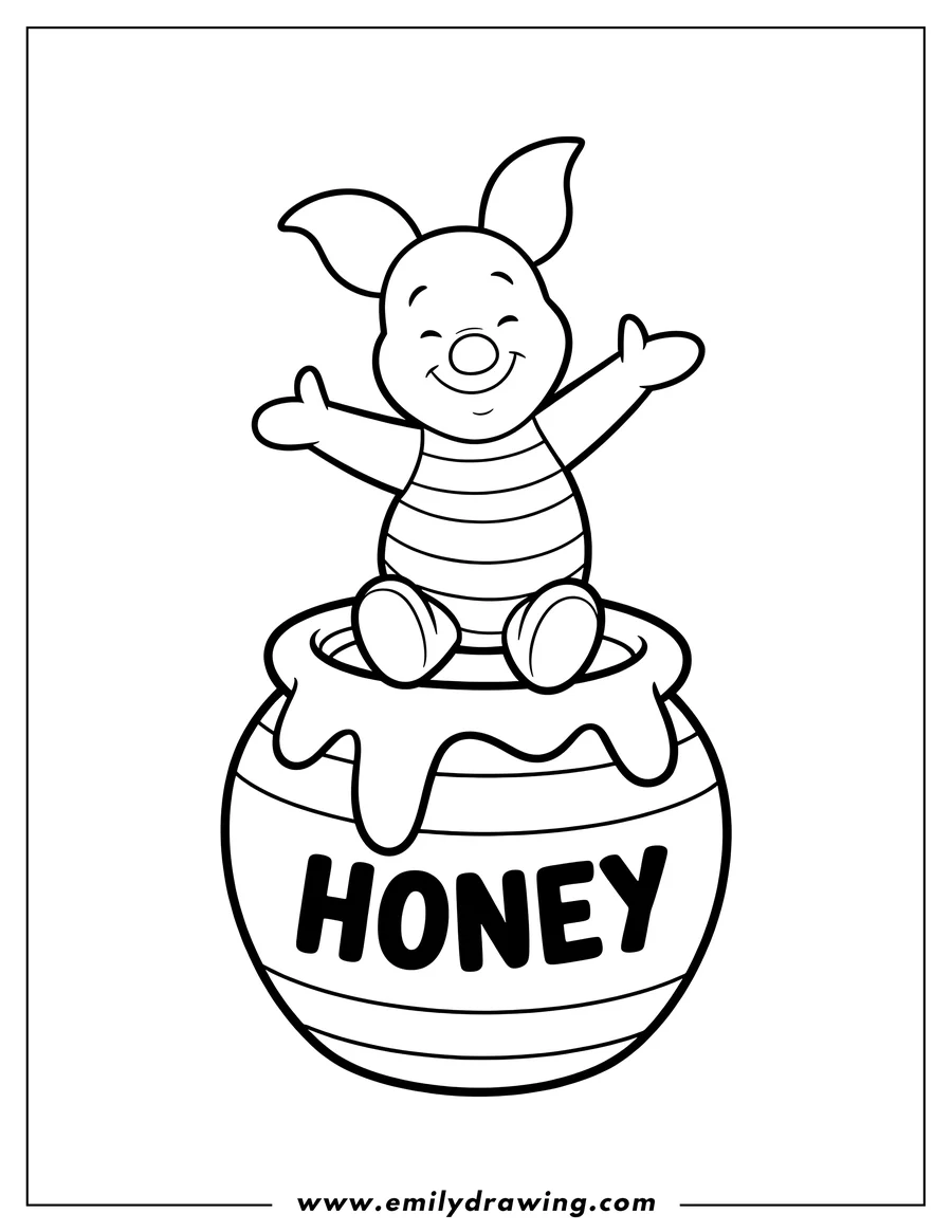 Outline of Piglet sitting on a honey pot. He looks happy with arms wide.