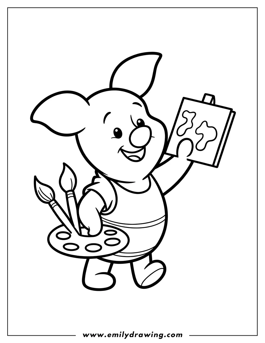 Outline of Piglet holding a paint palette, brushes, and a painting