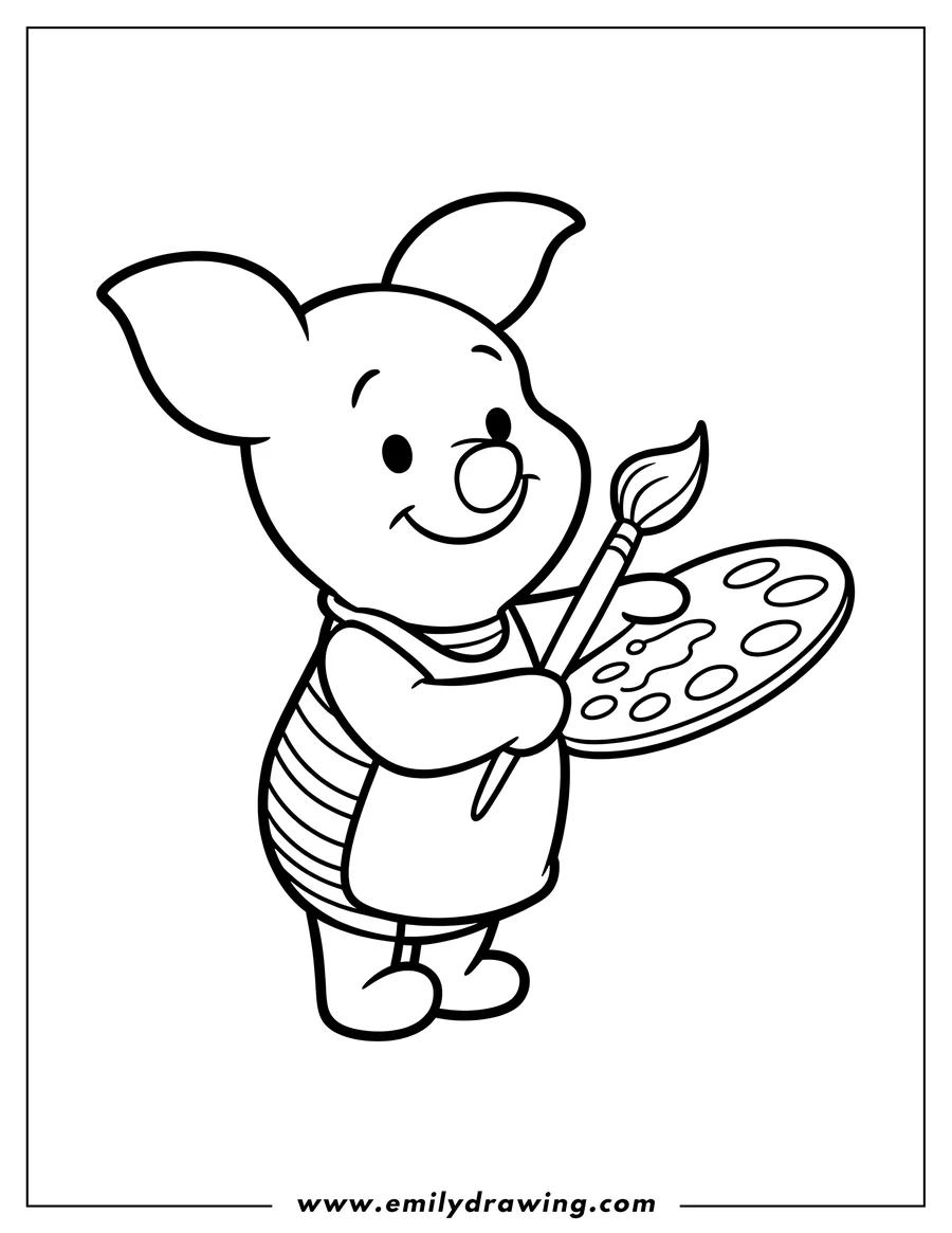Line art of Piglet, the adorable pink pig, holding a paintbrush and palette, ready to create a colorful painting.