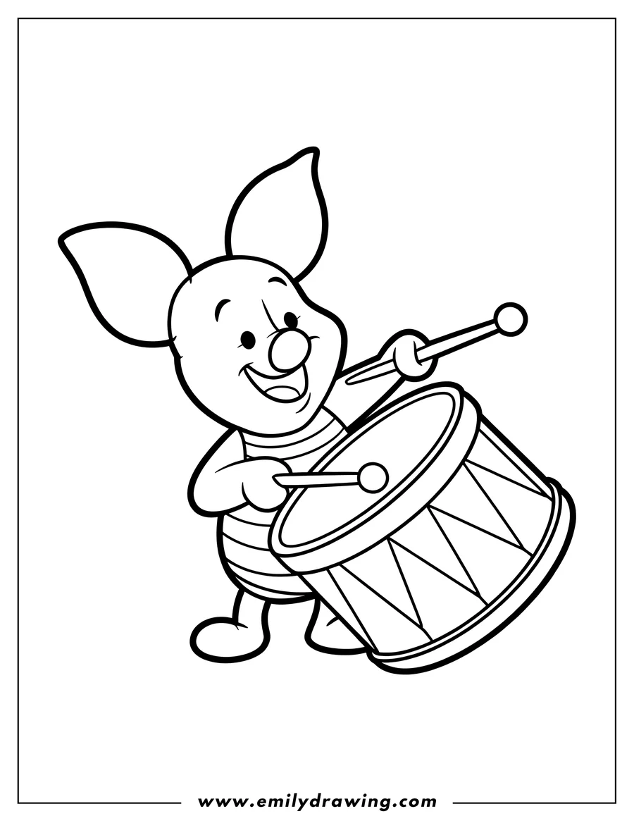 Line art of Piglet playing a drum with drumsticks.