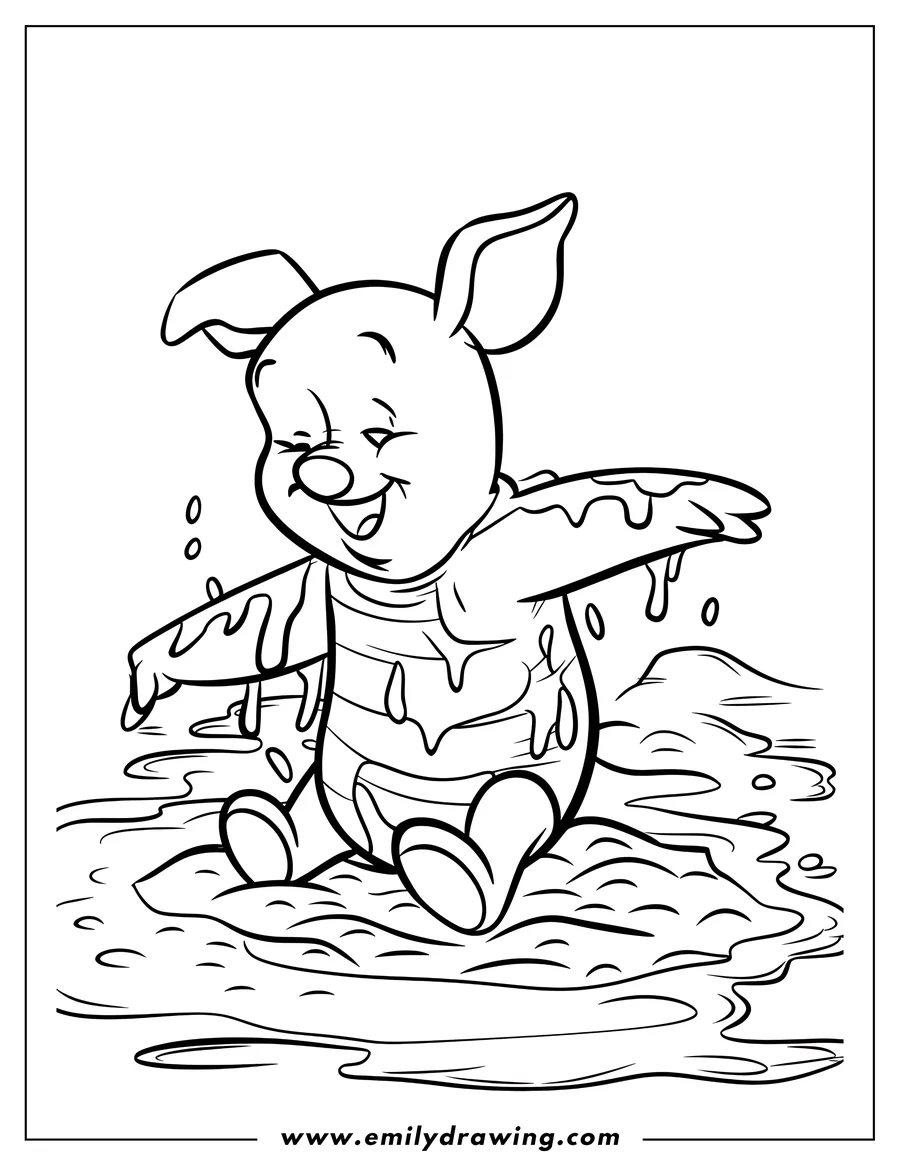 Line art of Piglet from Winnie the Pooh, happily sitting and playing in a mud puddle.