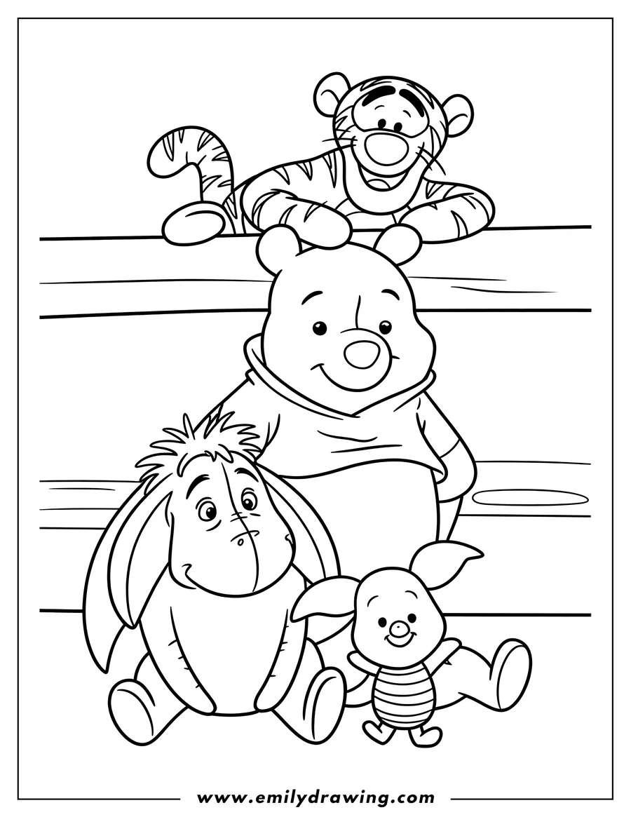 Outline of Piglet, Winnie the Pooh, Eeyore, and Tigger sitting together on a log.