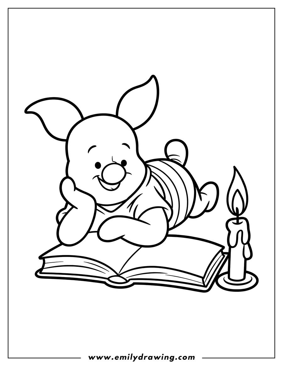 Outline of Piglet lying on his tummy reading a book with a candle beside him.