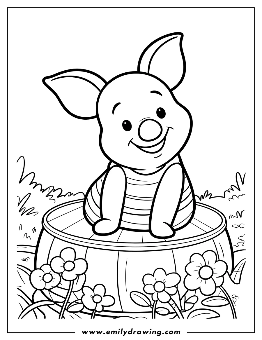 Outline of Piglet from Winnie the Pooh sitting on a wooden barrel surrounded by simple flowers.