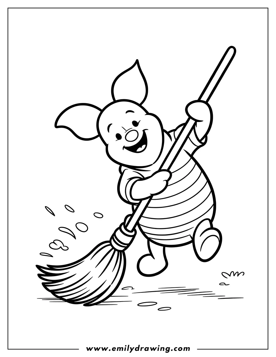 Line art of Piglet from Winnie the Pooh sweeping with a broom.