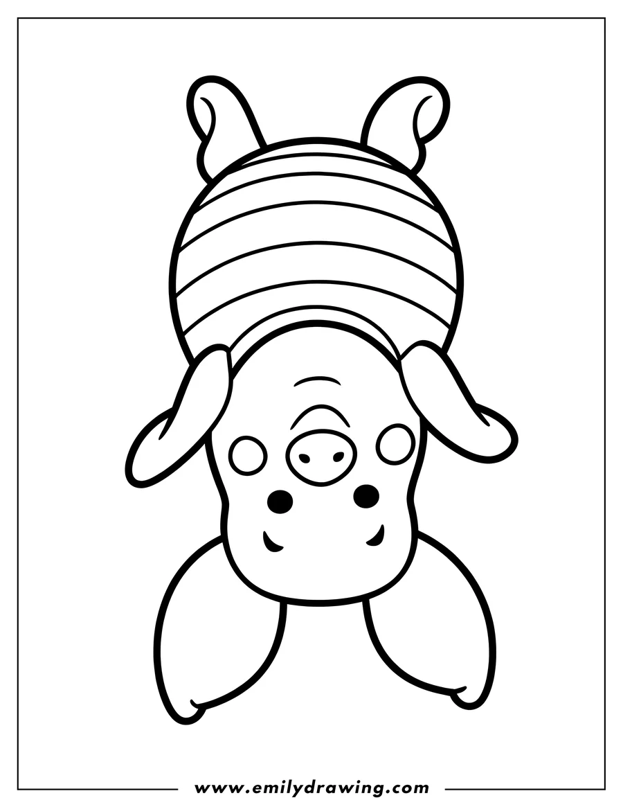 Outline of Piglet hanging upside down, smiling.