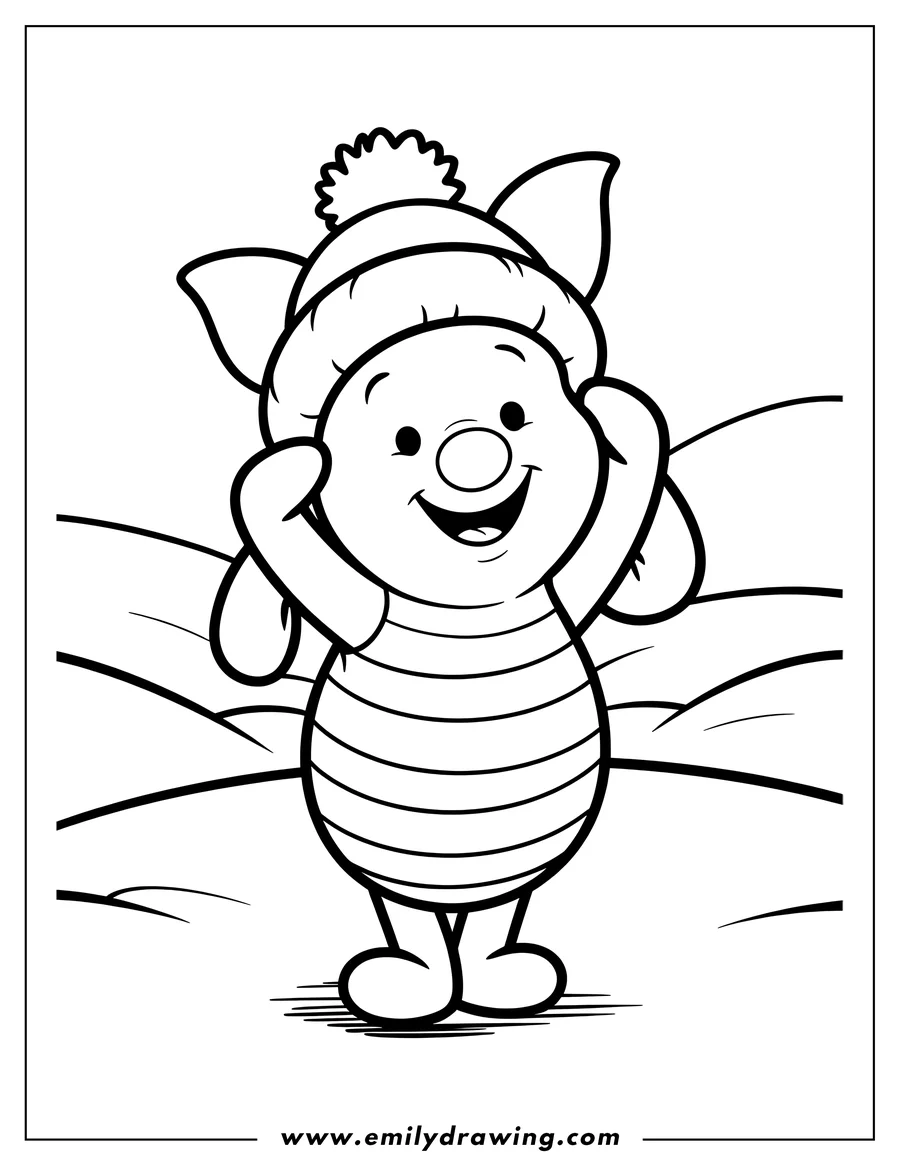 Line art of Piglet from Winnie the Pooh wearing a winter hat with a pompom and a striped shirt.
