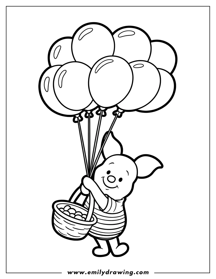 Line art of Piglet holding a bunch of balloons and a basket.