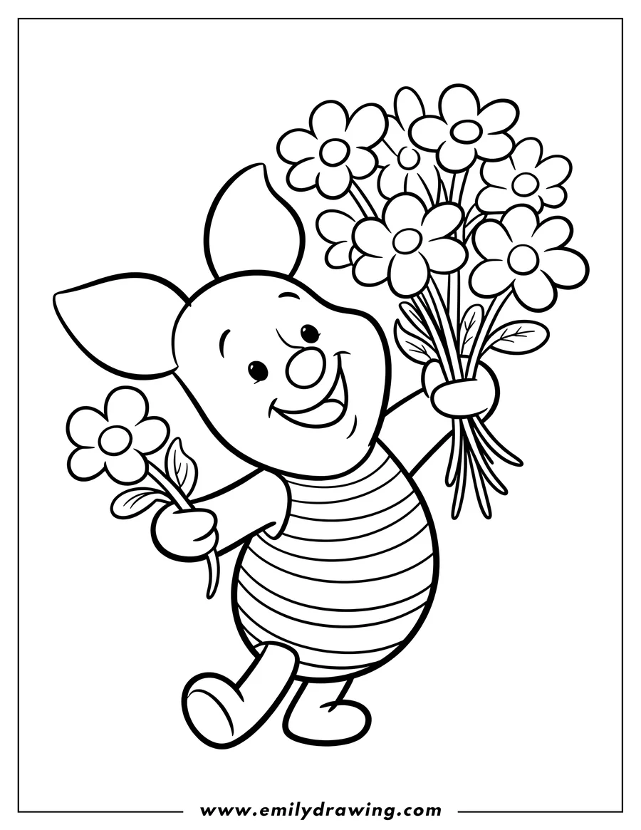 Line art of Piglet holding a bouquet of flowers and a single flower, smiling cheerfully.