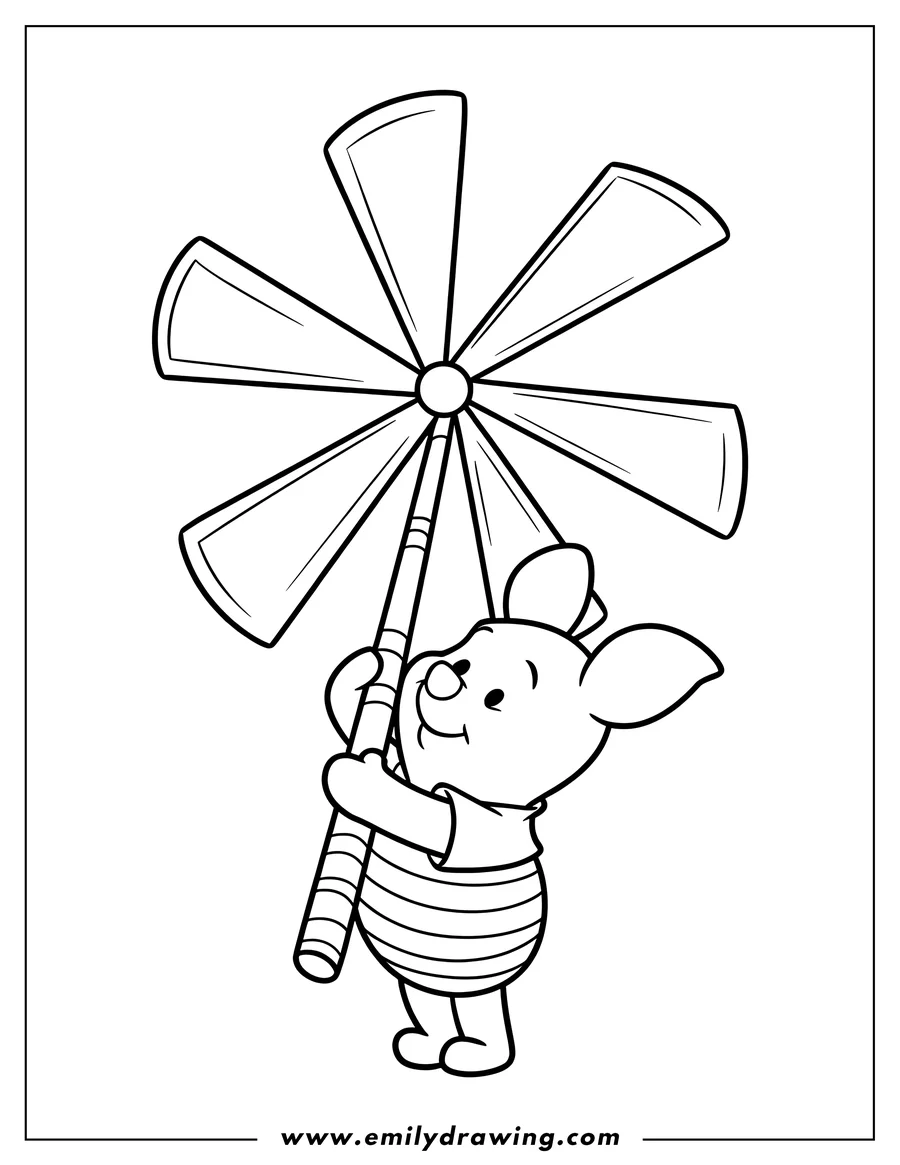 Line art of Piglet from Winnie the Pooh holding a large pinwheel.