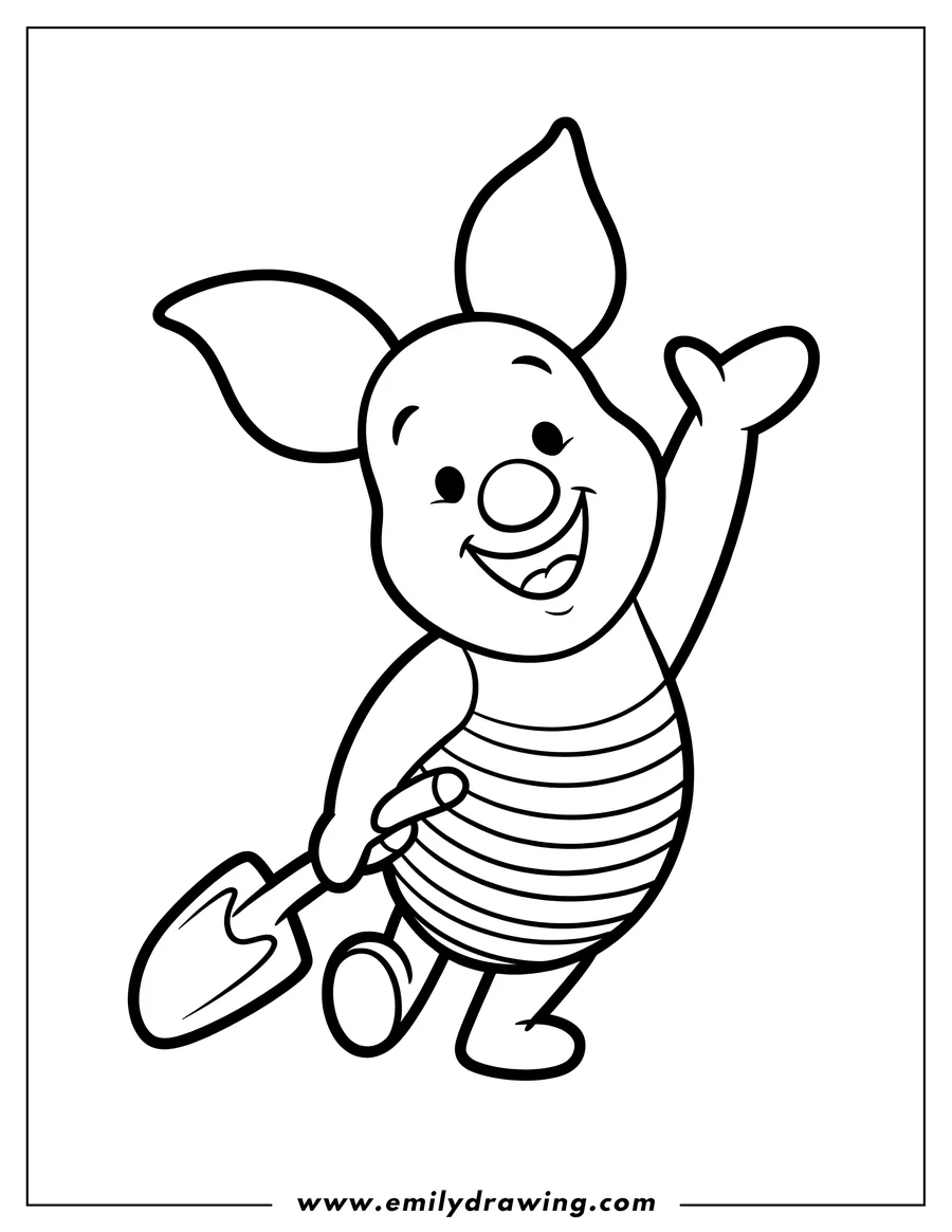 Line art of Piglet from Winnie the Pooh holding a small shovel and waving.