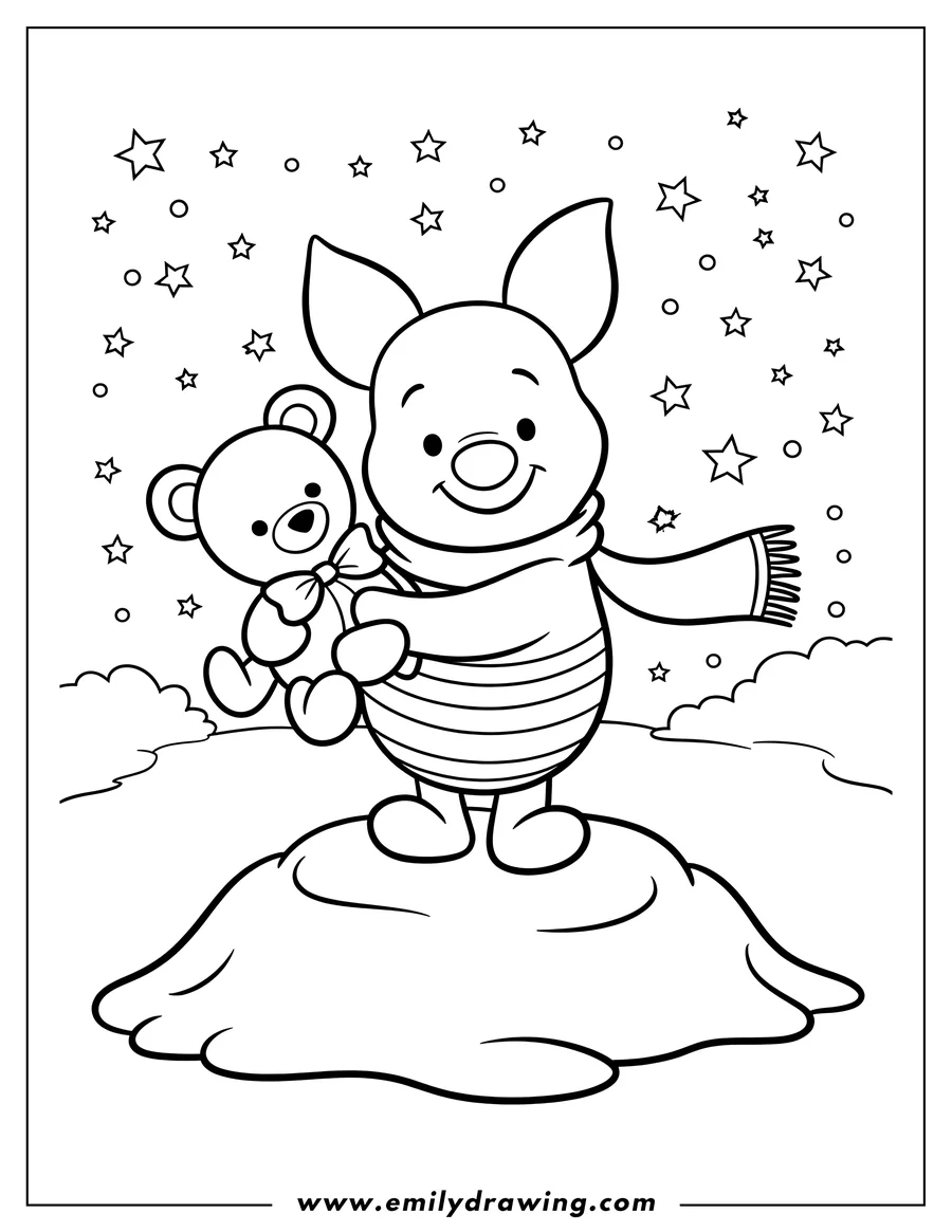 Line art of Piglet holding his teddy bear. He is wearing a striped shirt and a long scarf. Stars and circles are scattered in the background.