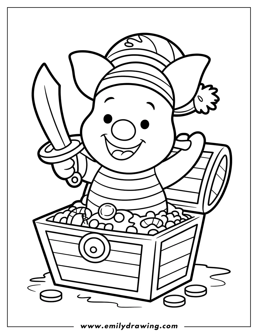 Line art of Piglet the pig dressed as a pirate, holding a sword and standing in a treasure chest full of gold coins and jewels.