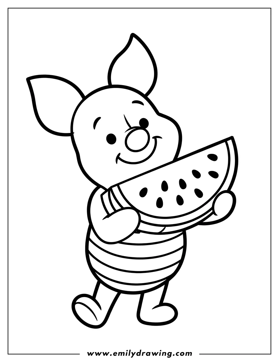 Outline of Piglet from Winnie the Pooh holding a large slice of watermelon.