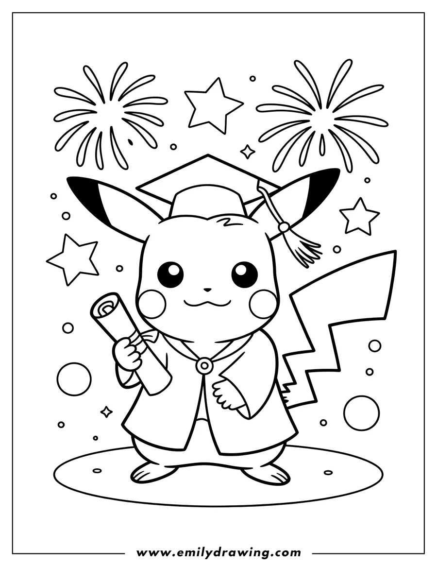 Outline of Pikachu wearing a graduation gown and cap, holding a diploma, with fireworks and stars in the background.