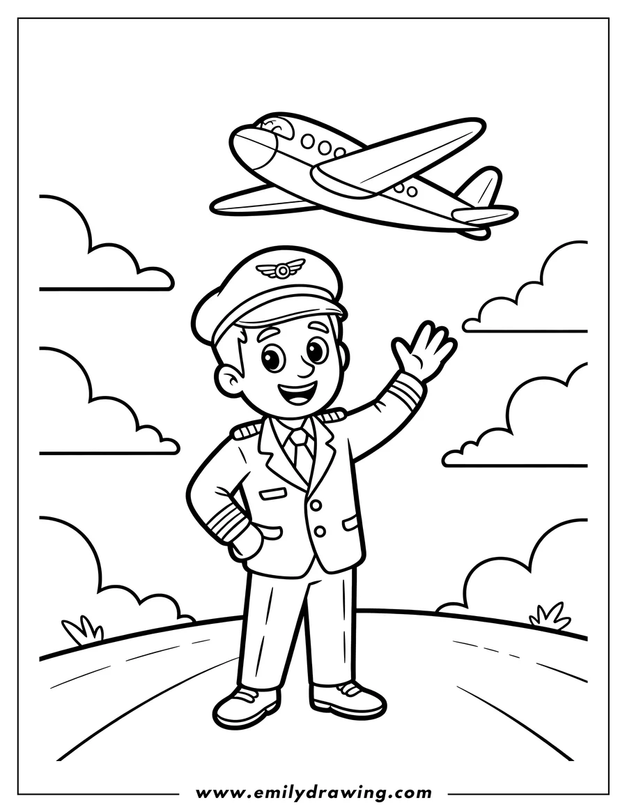 Line art of a pilot in uniform waving, with an airplane flying overhead.