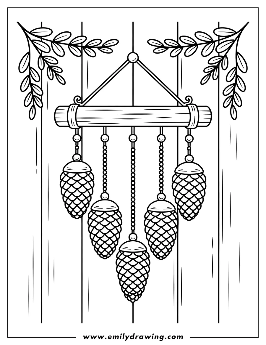 Line art of a wind chime made of pine cones hanging from a wooden bar, with leafy branches on either side against a wooden background.