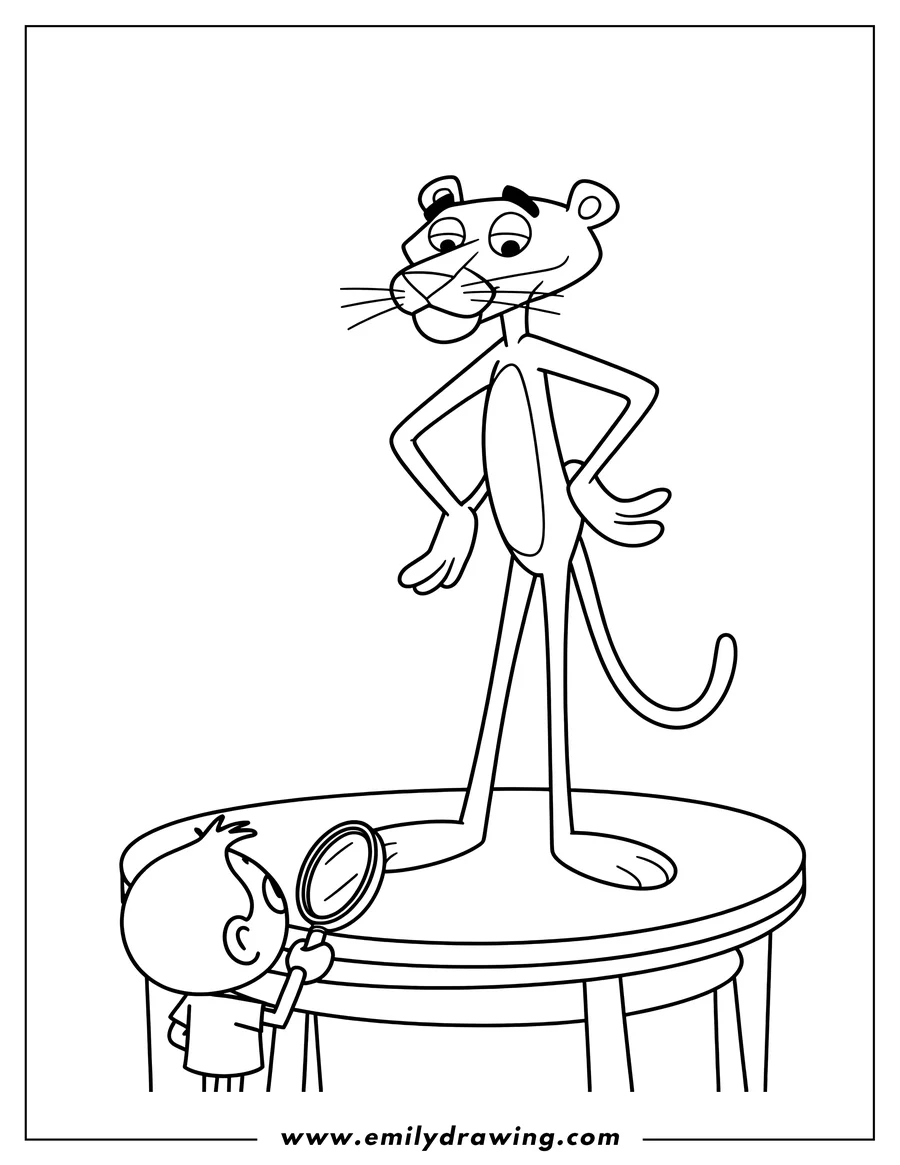 Outline of the Pink Panther standing on a table while a young boy examines his foot with a magnifying glass.