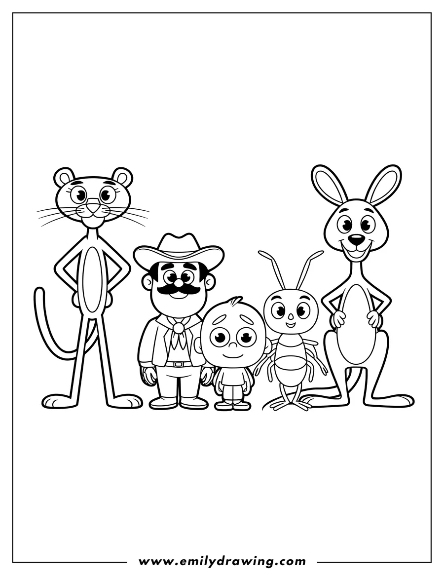 Line art of the Pink Panther, a cowboy, a little boy, an insect, and a kangaroo standing together.