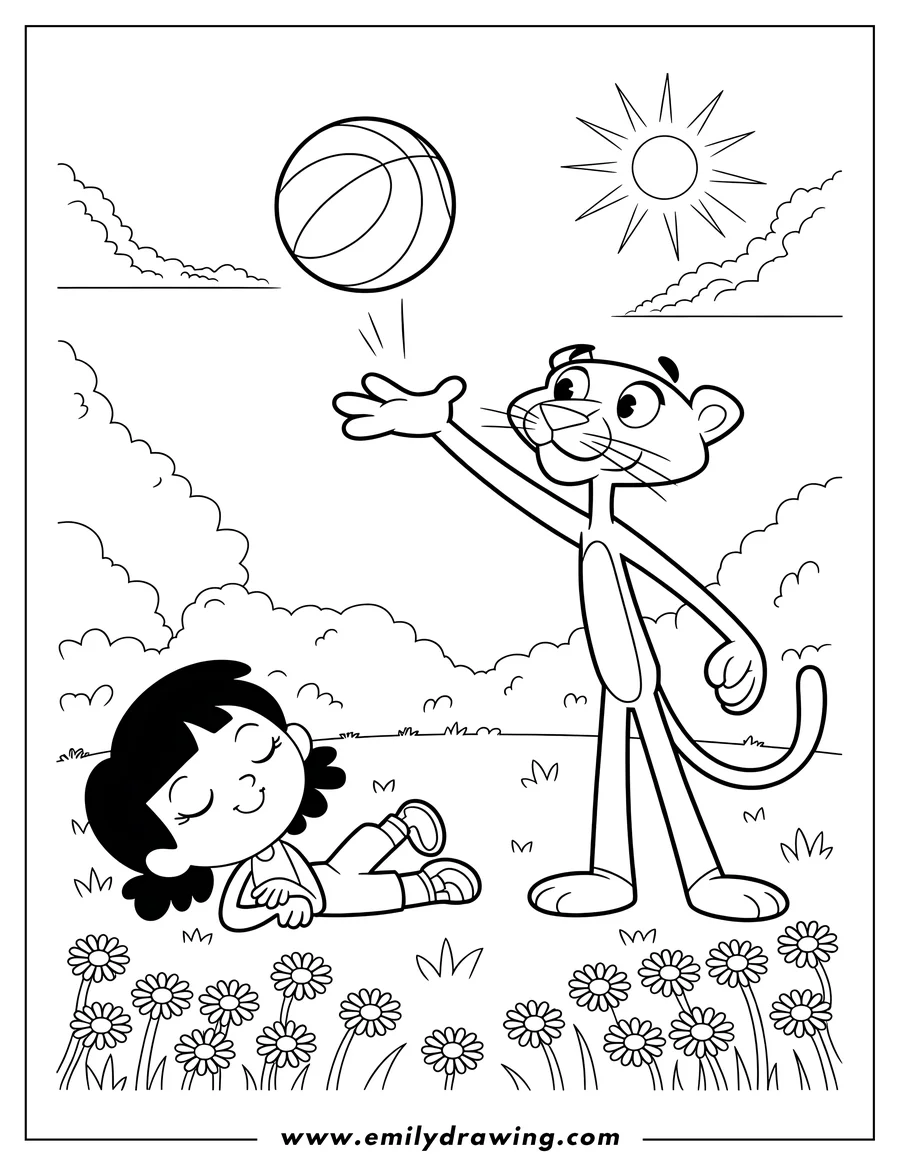 Line art of the Pink Panther and a girl playing ball in a field of flowers. The Pink Panther is tossing the ball up while the girl lies on the grass.