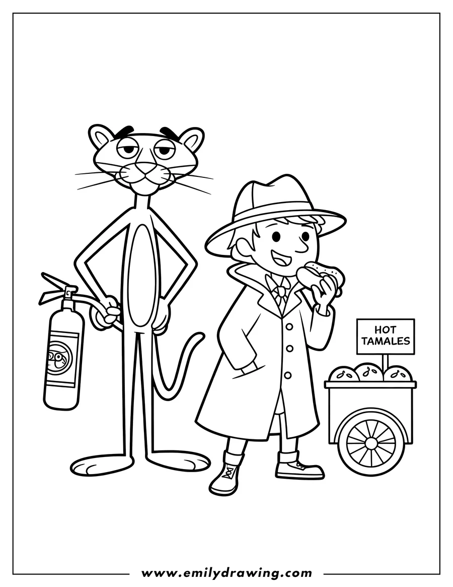 Line art of the Pink Panther holding a fire extinguisher next to Inspector Clouseau eating near a tamale cart.