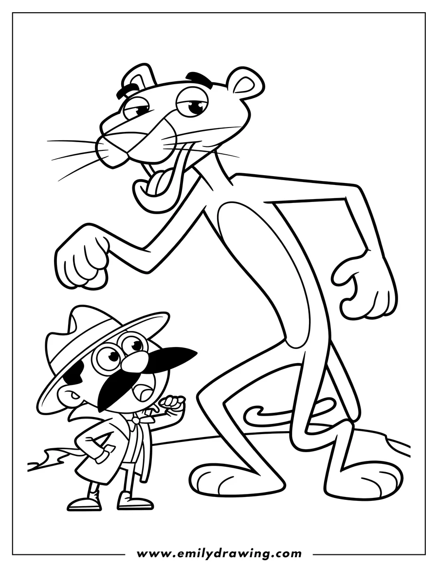 Line art of the Pink Panther with Inspector Clouseau. The Pink Panther is large and walking, while the Inspector looks up at him.