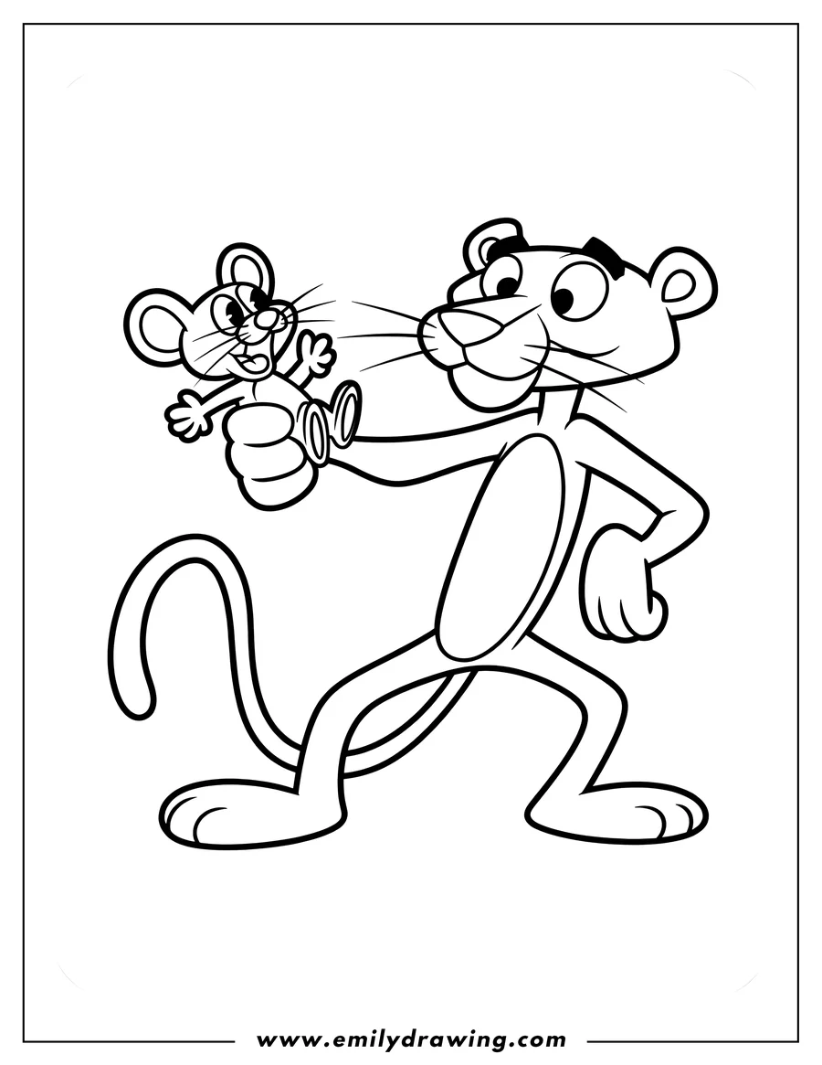Line art of the Pink Panther holding a small mouse.