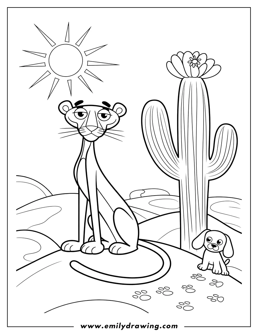Line art of the Pink Panther and a small puppy in a desert setting. The Pink Panther sits near a cactus with a flower on top. Paw prints trail through the sand. A bright sun shines overhead.