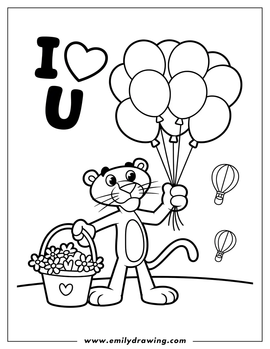 Line art of the Pink Panther holding a basket of flowers and a bunch of balloons. Two hot air balloons float in the background.
