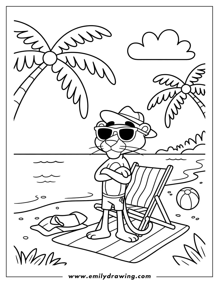 Line art of the Pink Panther wearing a hat and sunglasses on the beach with a beach chair, towel, and beach ball.