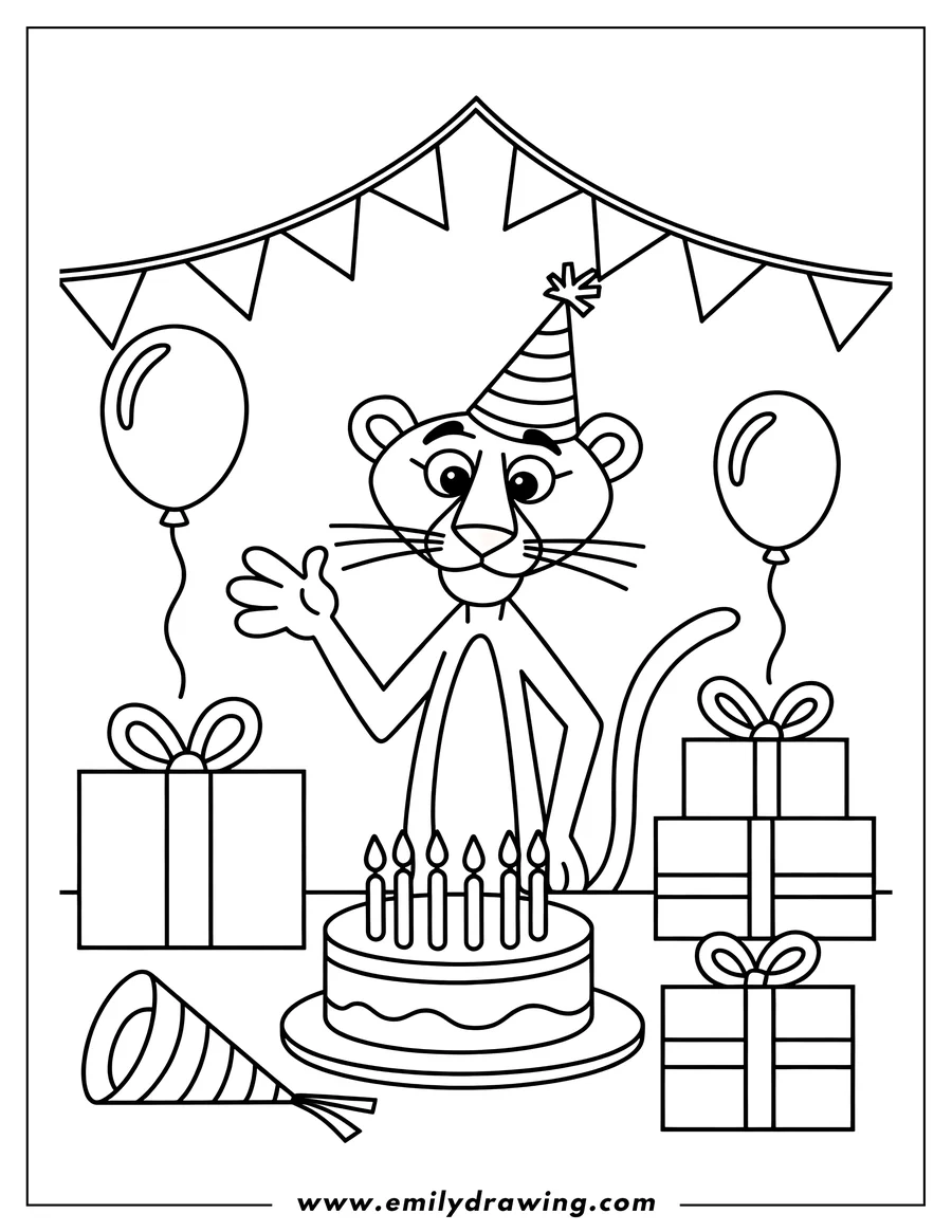 Line art of Pink Panther at his birthday party, with a cake, presents, and balloons.