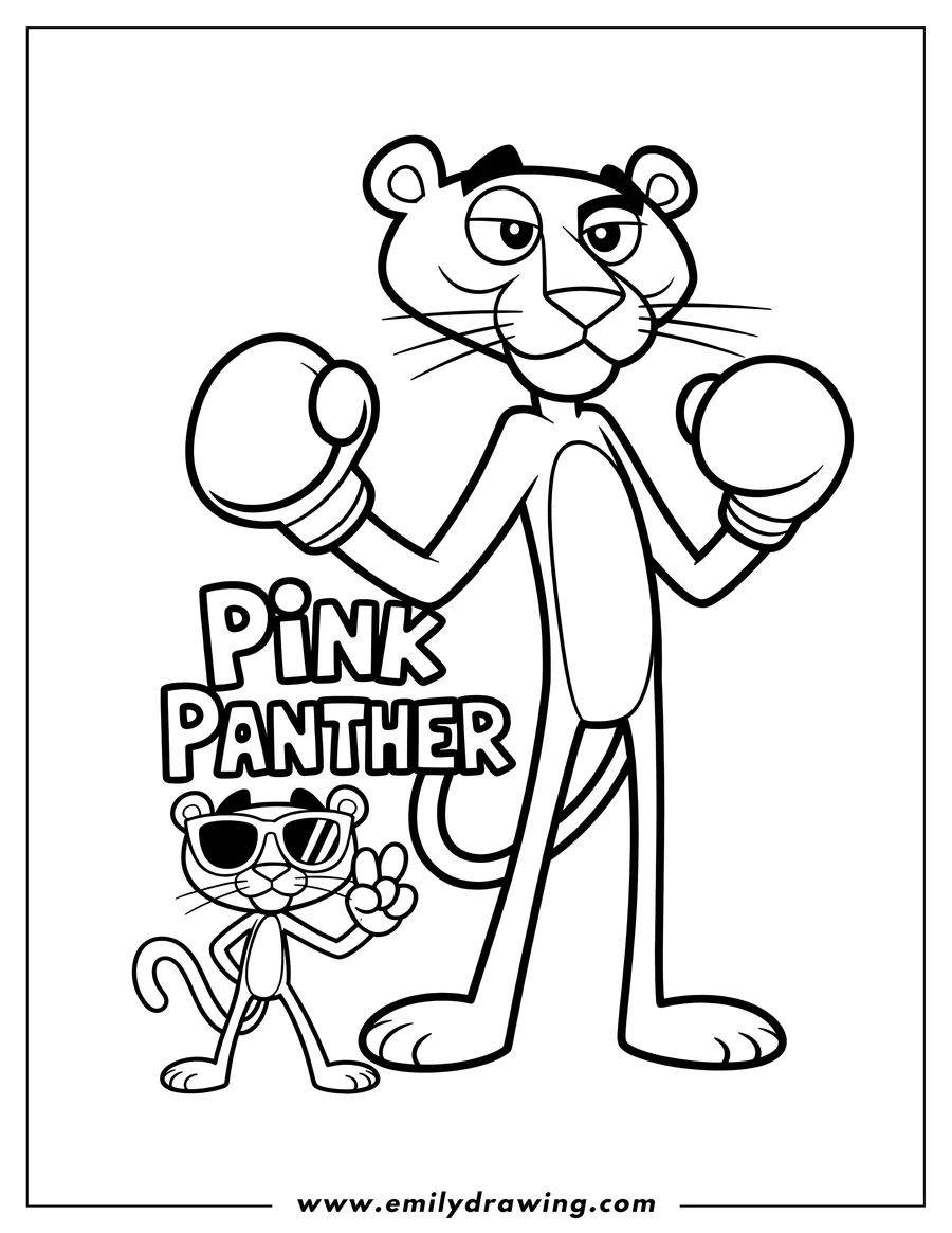 Line art of the Pink Panther wearing boxing gloves, standing tall. A smaller panther with sunglasses gives a peace sign beside him.