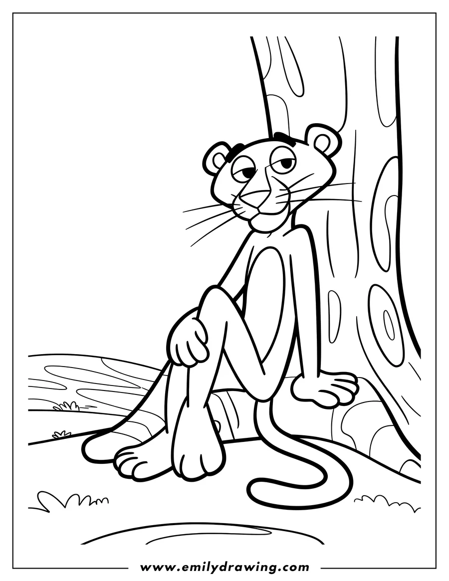 Line art of the Pink Panther sitting by a tree, looking relaxed.
