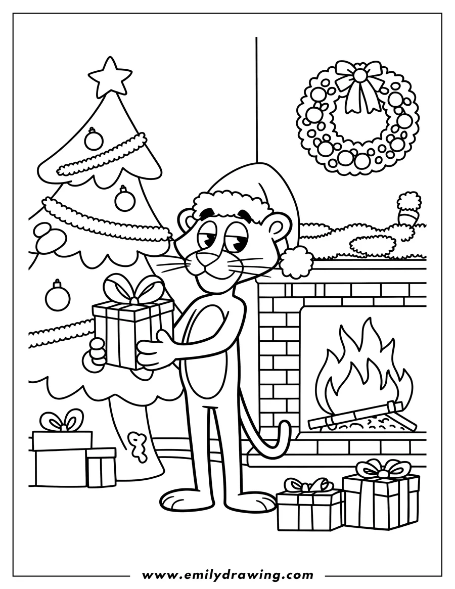 Line art of the Pink Panther holding a Christmas present near a fireplace and Christmas tree.