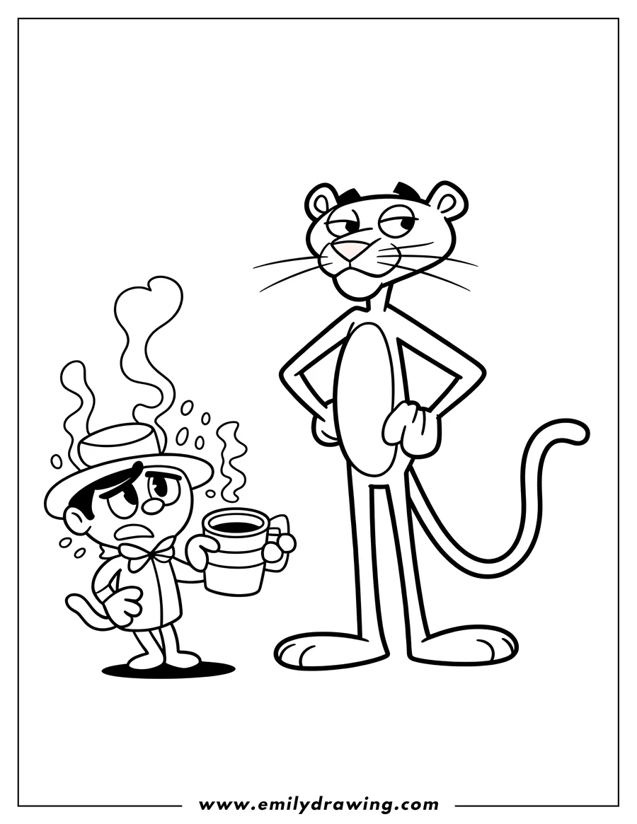 Line art of the Pink Panther standing confidently with Inspector Clouseau holding a steaming mug of coffee.