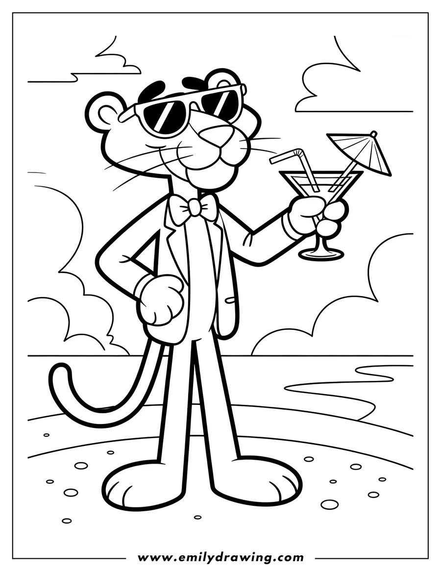 Line art of the Pink Panther wearing a suit and sunglasses, holding a cocktail with a small umbrella on a beach.