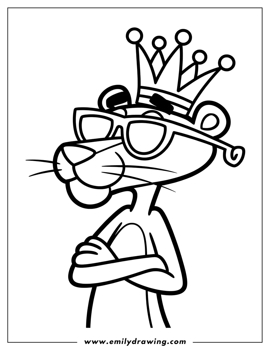 Line art of the Pink Panther wearing a crown and sunglasses, with his arms crossed.