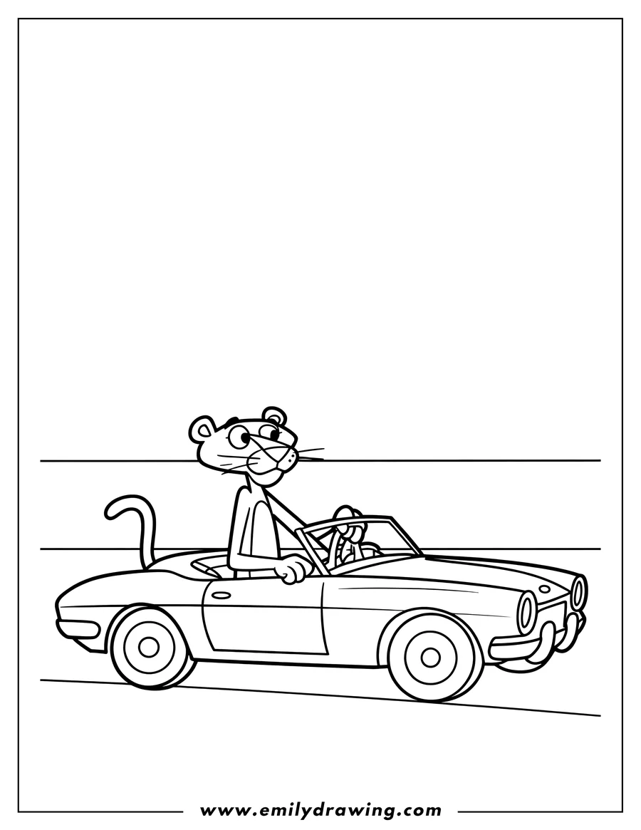 Line art of the Pink Panther driving a convertible car.