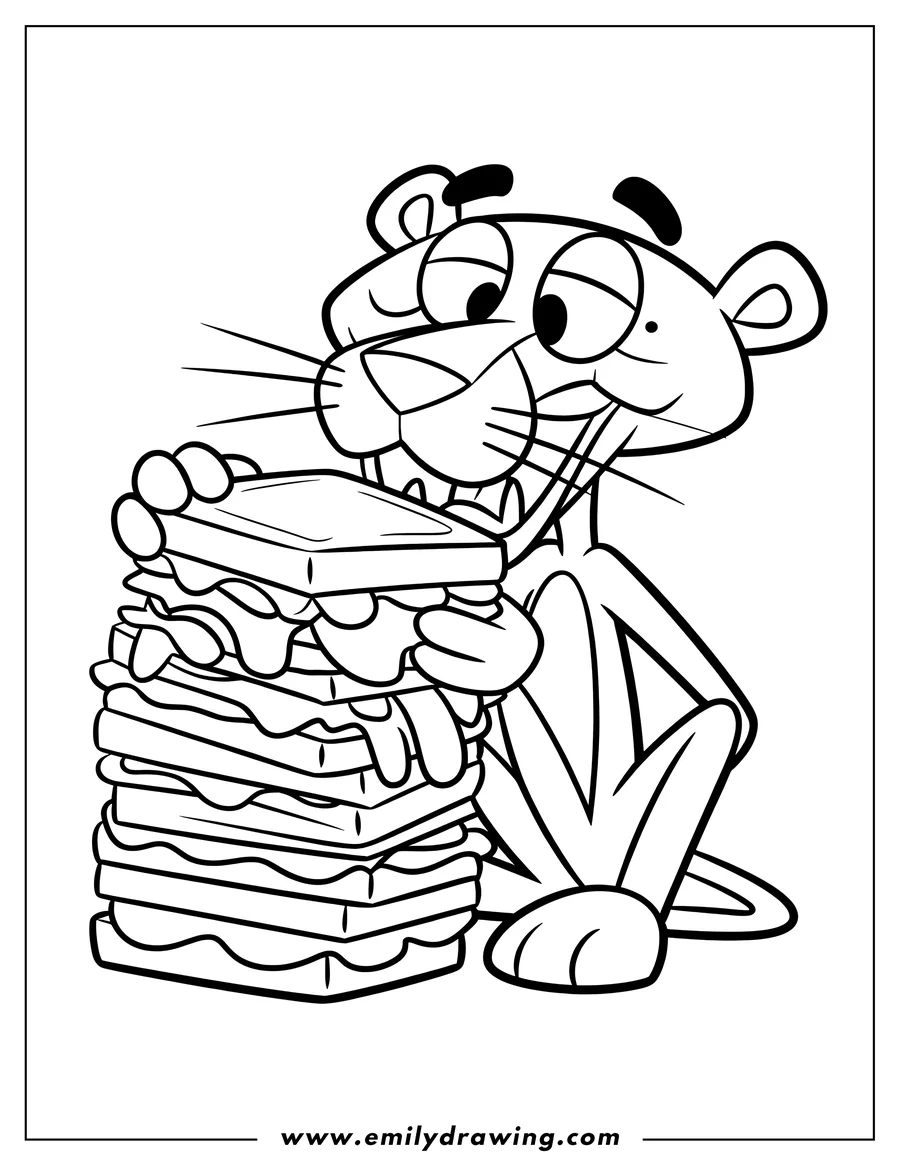Line art illustration of the Pink Panther eating a tall sandwich.
