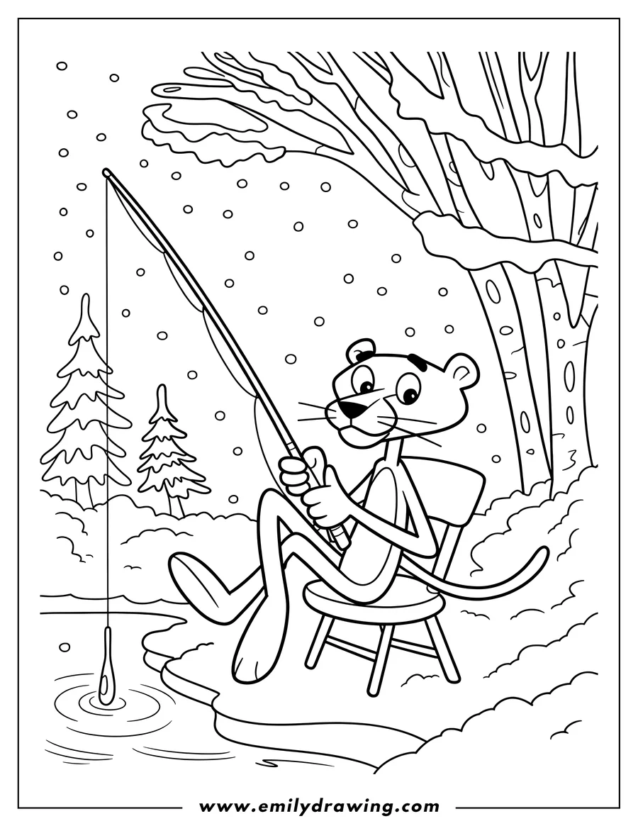 Line art of the Pink Panther fishing in a snowy winter scene. He sits patiently on a small chair by a frozen pond.