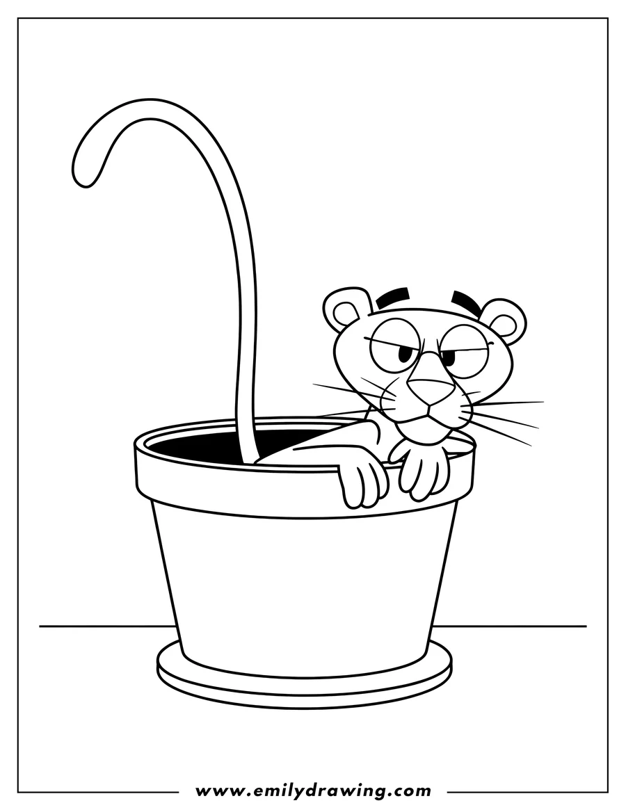 Line art of the Pink Panther sitting in a flower pot with his tail sticking up.